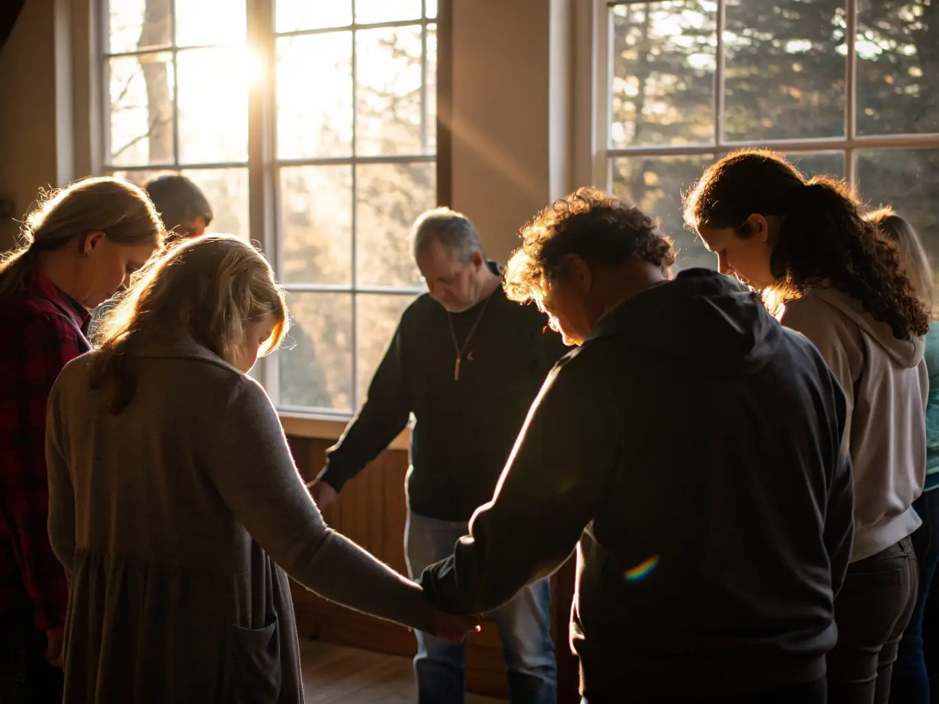 A group of people gathered in a circle, praying together with hands joined, symbolizing unity and the power of collective faith. The setting is a warm, inviting space, reflecting the sense of community and support.