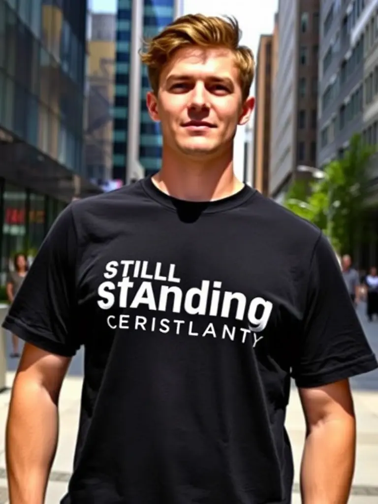 A person wearing a Still Standing Christianity t-shirt with a prominent logo, standing in a modern urban setting, symbolizing faith in everyday life.