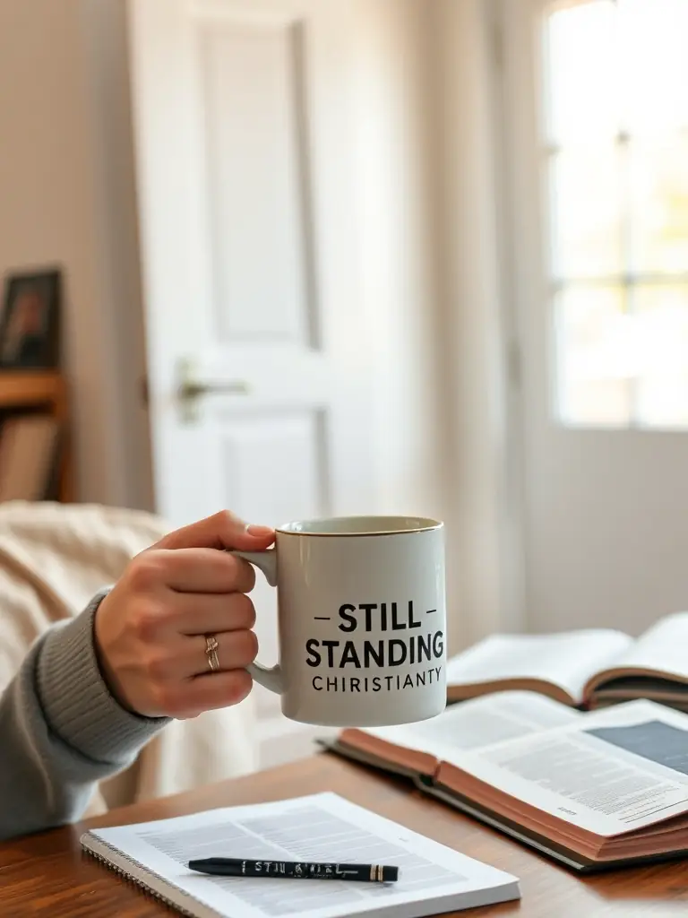 A person holding a Still Standing Christianity branded mug filled with coffee, with a Bible and a notebook on a desk in the background.