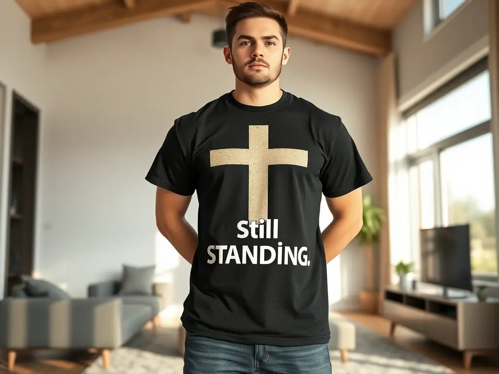 A high-quality photograph showcasing a person wearing a Still Standing Christianity t-shirt with a prominent Christian symbol, set against a backdrop of a modern, minimalist home to emphasize the lifestyle aspect.