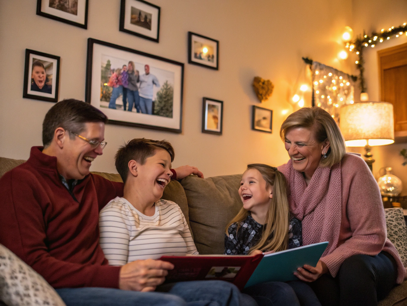A warm family reunion framed against a doorway in atmospheric lighting