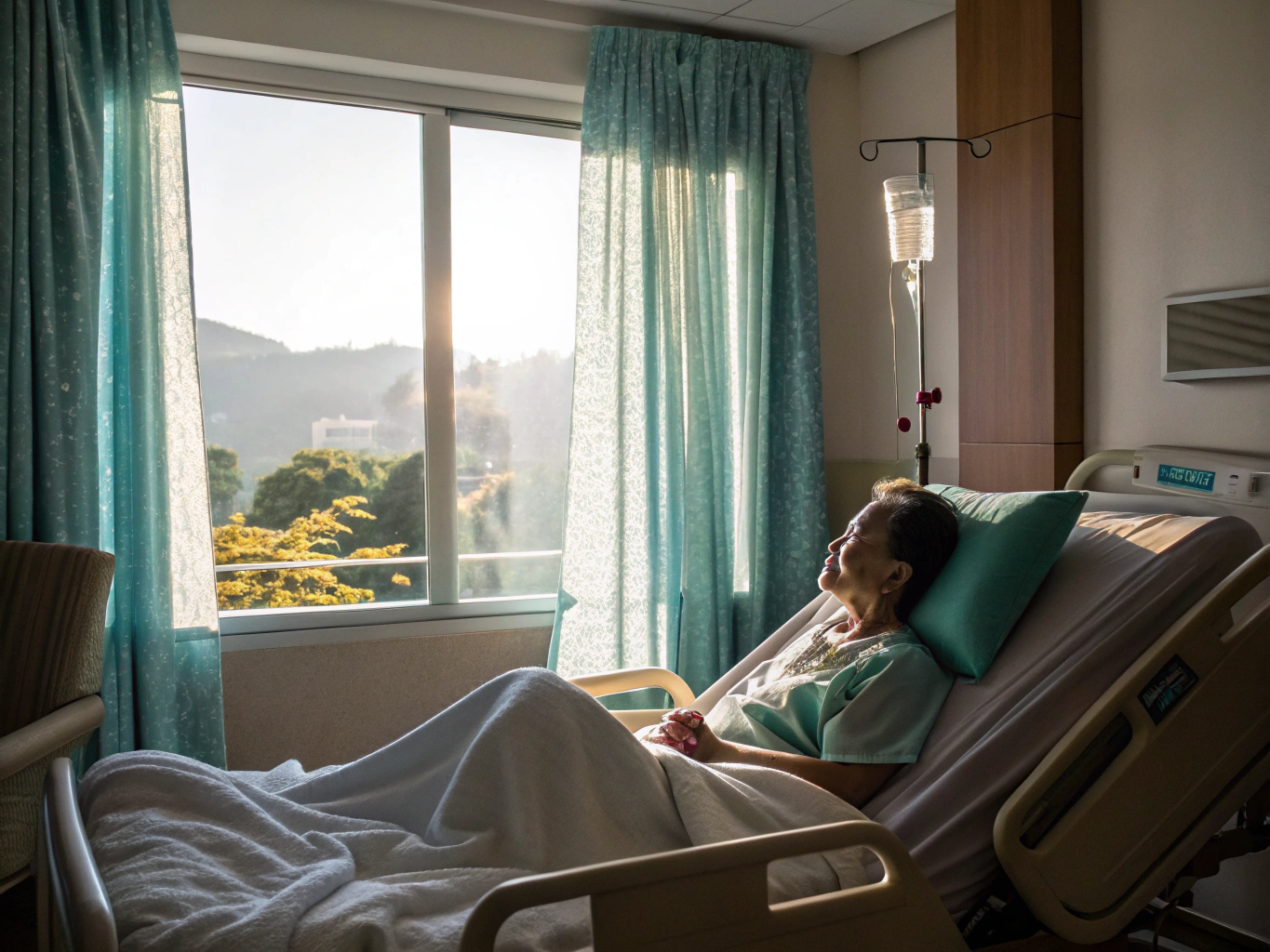 Atmospheric view of a recovery room window with natural light