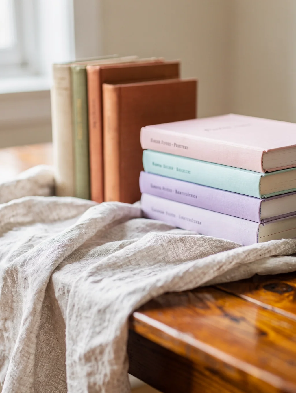 Curated collection of published survival books, poetry anthologies, and gallery prints